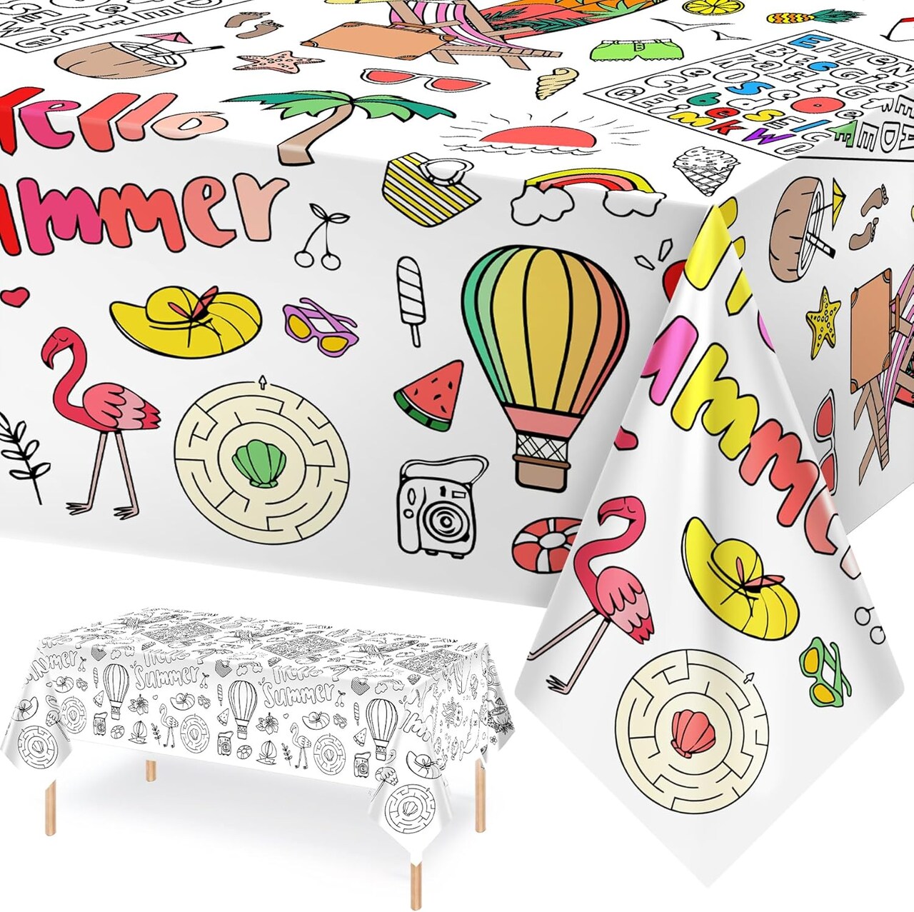 Giant Hello Summer Coloring Tablecloth 54” x 108” – Kids Summer Party Paper Table Cover with Watermelon, Ice Cream & Beach Theme Poster for Birthday, Classroom & Outdoor Activities